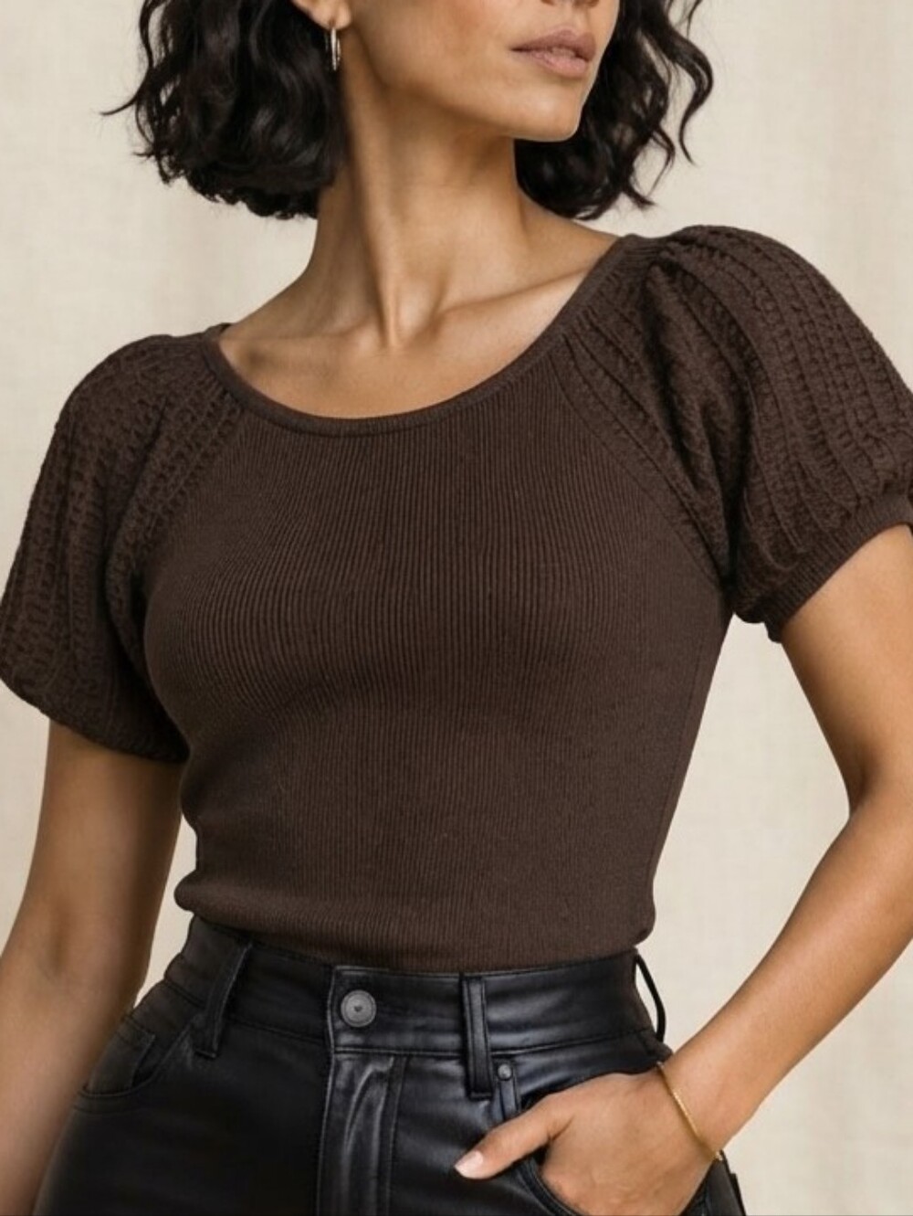 Brown Puff-Sleeve Ribbed Short Sleeve Top